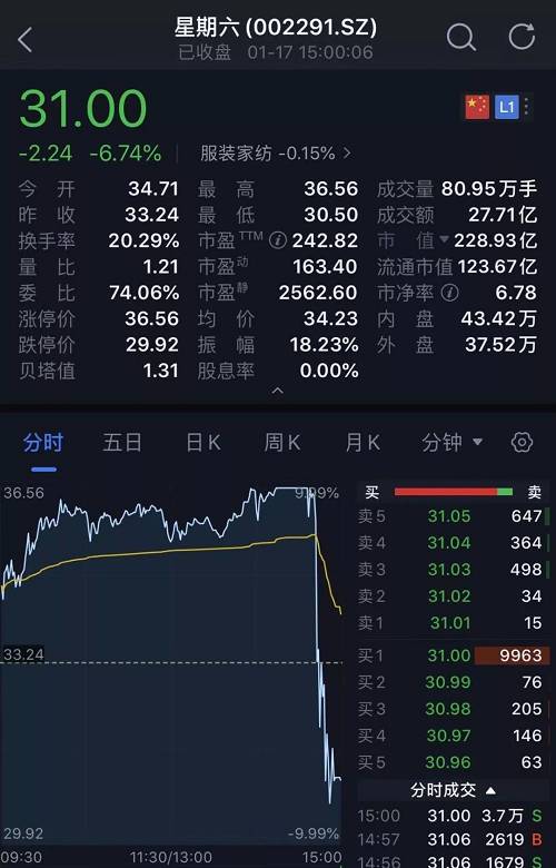 今天一开盘，星期六就高开4.42%，午后再度触及涨停，成交量仍未显著放大，距离尾盘20分钟左右，炸板翻绿直线跳水，收盘报31元，跌幅为6.74%，全天振幅超过18%，市值蒸发逾40亿，成交额27.71亿。